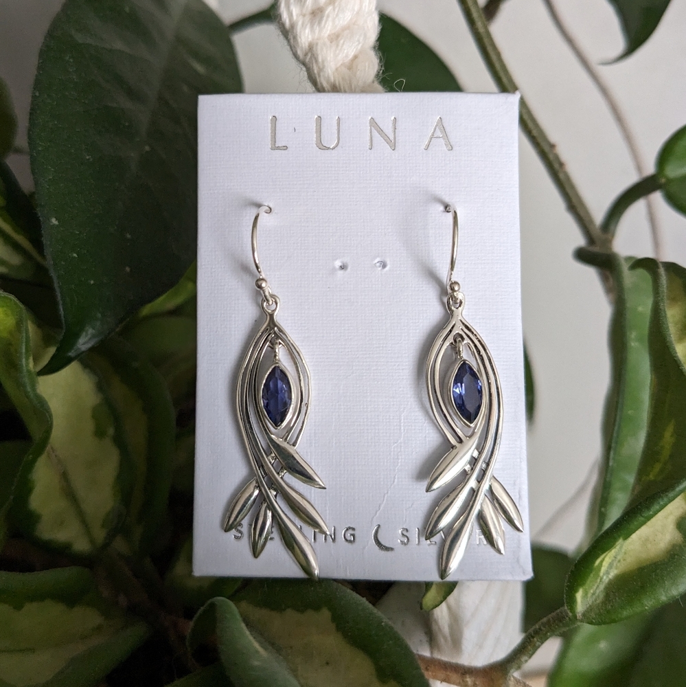 Blue sapphire/ sterling steel dangle earrings NWT!